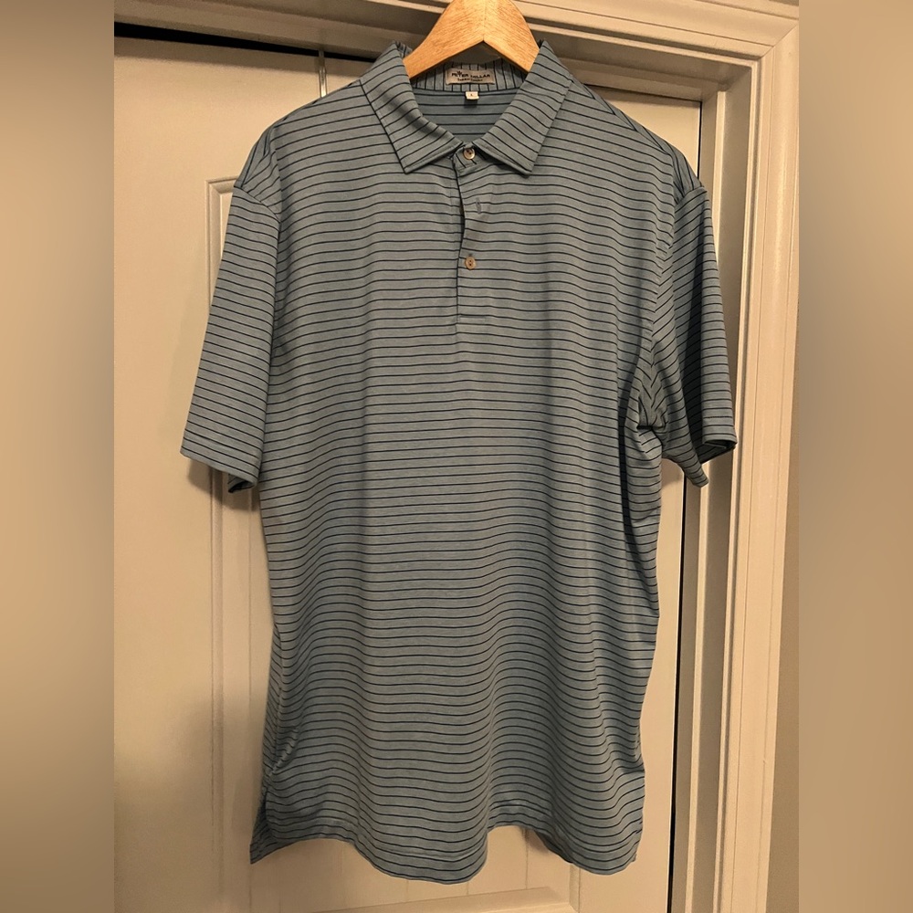 EUC Peter Millar Summer Comfort Polo size Large - light blue w/ mid blue stripe